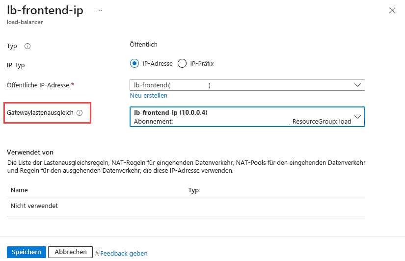 Screenshot zum Hinzufügen eines Gateway Load Balancers zur Frontend-IP.