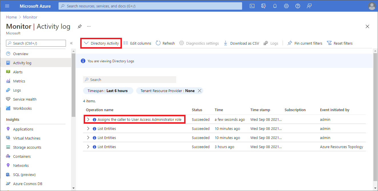 Ein Screenshot zeigt die Aktivitätsprotokolle für das Verzeichnis in Azure Monitor.