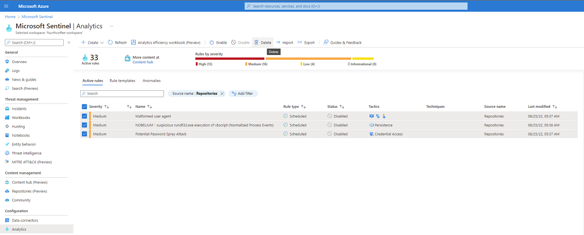 Screenshot: Analyseregeln, gefiltert nach Dem Quellnamen der Repositorys.