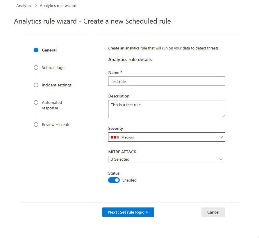 Screenshot: Öffnen des Bildschirms des Analyseregel-Assistenten im Defender-Portal