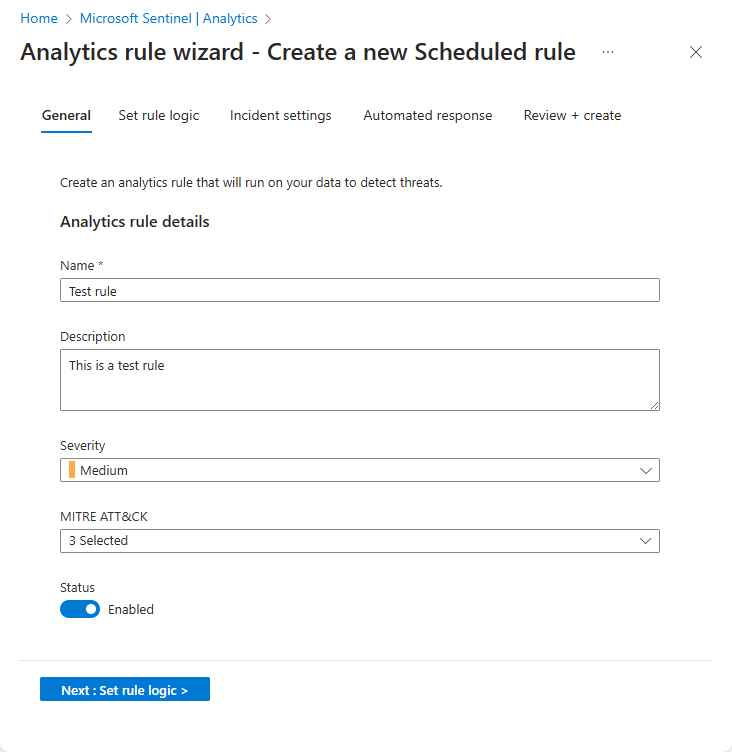 Screenshot: Öffnen des Bildschirms des Analyseregel-Assistenten im Azure-Portal