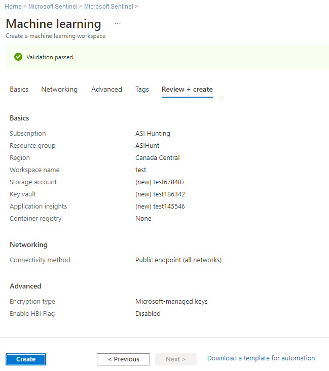 Überprüfen Und erstellen Sie Ihren Machine Learning-Arbeitsbereich aus Microsoft Sentinel.