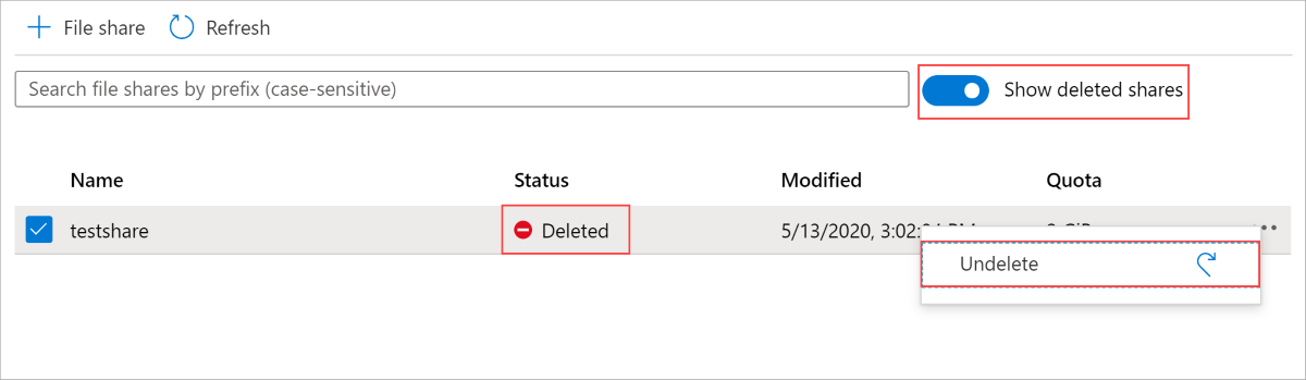 Screenshot: Option „Löschen rückgängig machen“ für eine gelöschte Dateifreigabe im Azure-Portal.