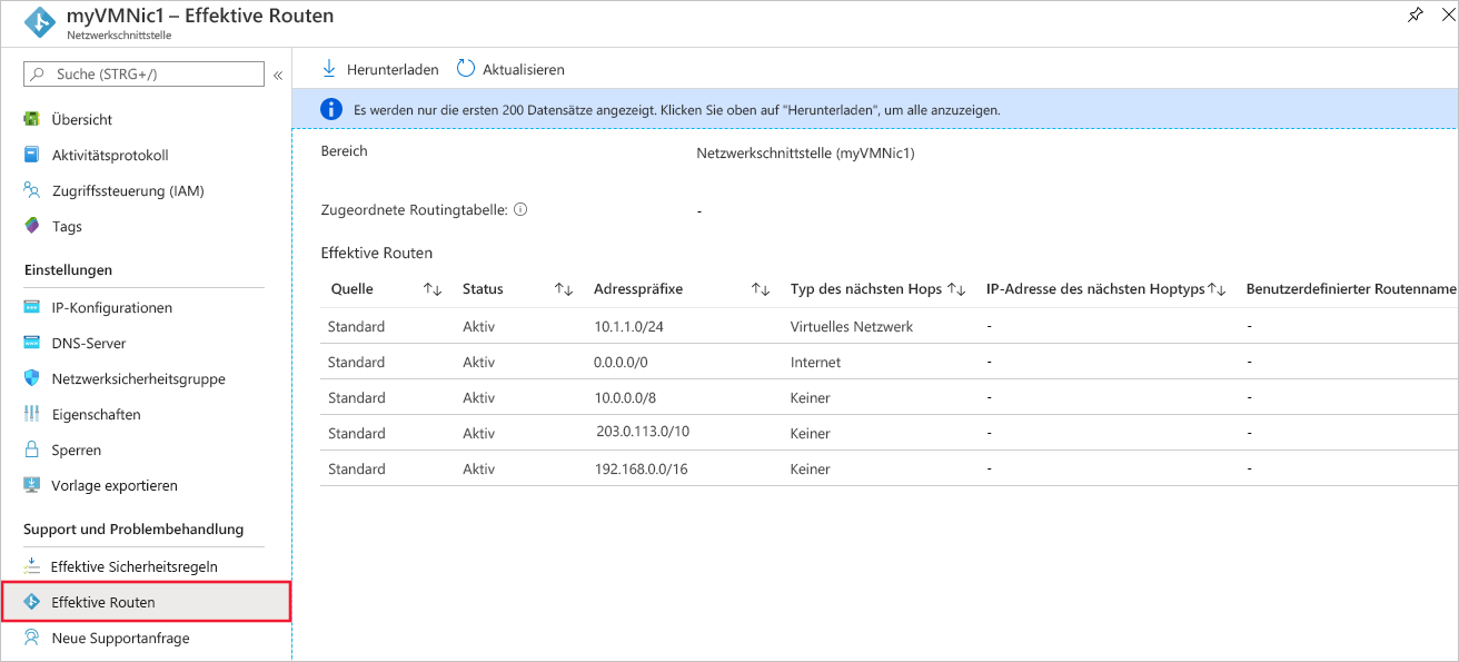 Screenshot der effektiven Routen der Netzwerkschnittstelle.