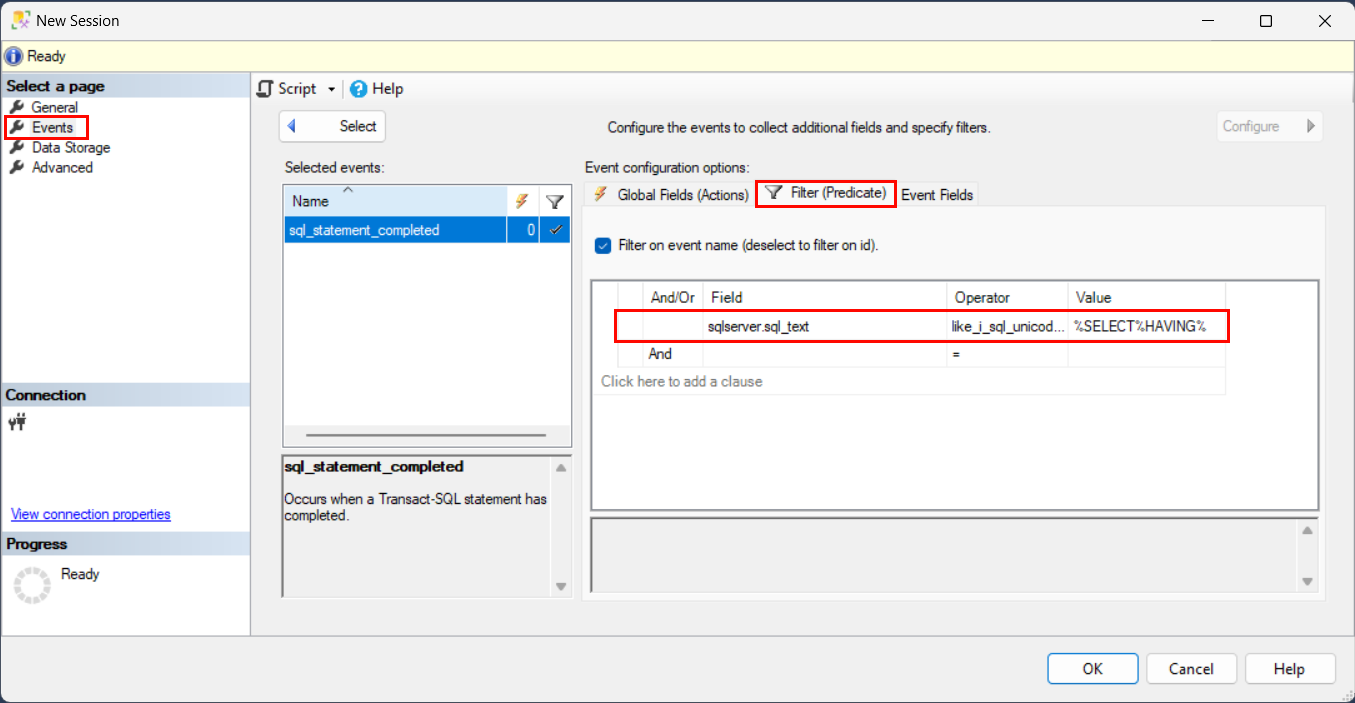 Screenshot von „Neue Sitzung“ > „Ereignisse“ > „Konfigurieren“ > „Filter (Prädikat)“ > „Feld“.