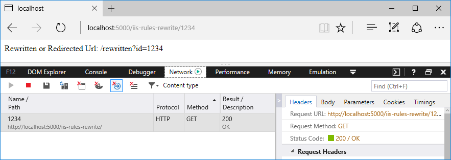 Browserfenster mit Entwicklertools, die die Anforderungen und Antworten nachverfolgen: Hinzufügen von IIS URL-Umschreiben