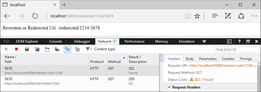 Browserfenster mit Entwicklertools, die die Anforderungen und Antworten nachverfolgen: Hinzufügen von Umleitung