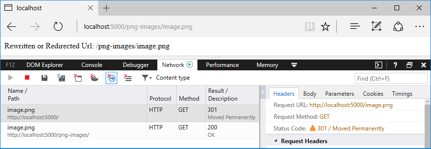 Browserfenster mit Entwicklertools, die die Anforderungen und Antworten der Datei „image.png“ nachverfolgen
