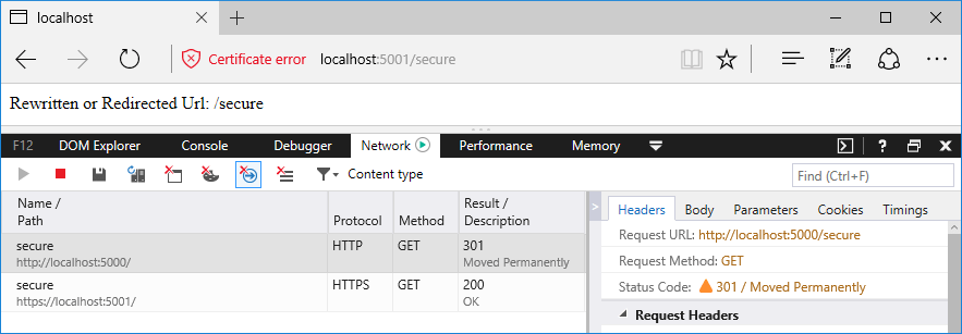 Browserfenster mit Entwicklertools, die die Anforderungen und Antworten nachverfolgen: Hinzufügen von Umleitung an HTTPS