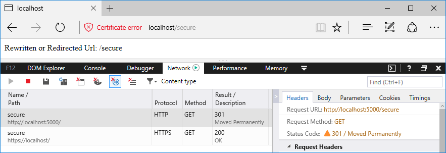 Browserfenster mit Entwicklertools, die die Anforderungen und Antworten nachverfolgen: Hinzufügen von permanenter Umleitung an HTTPS