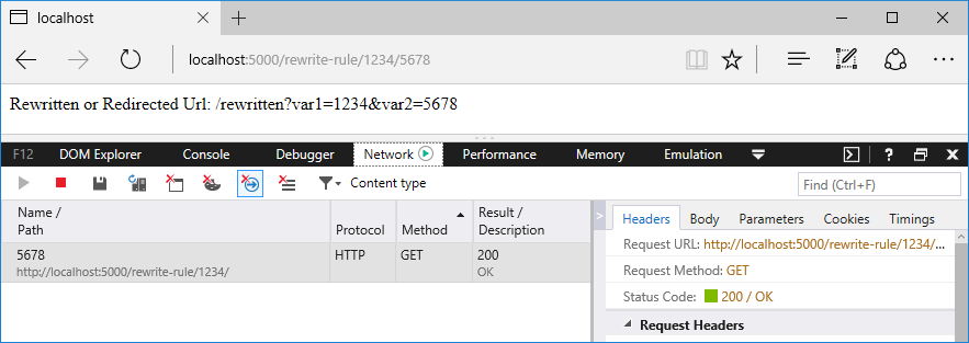 Browserfenster mit Entwicklertools, die die Anforderungen und Antworten nachverfolgen: Hinzufügen von Umschreiben