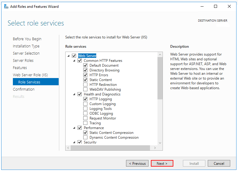 Die Standardrollendienste werden im Schritt „Rollendienste auswählen“ ausgewählt.