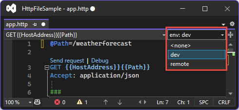 HTTP-Datei-Editor mit hervorgehobener Umgebungsauswahl. Diese Umgebung „dev“ ist ausgewählt.