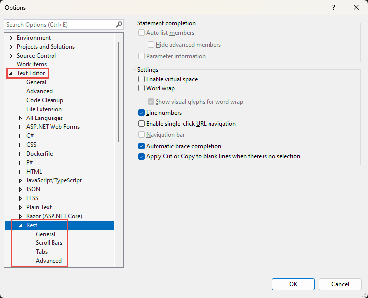 Dialogfeld „Optionen“ mit Auswahl „Text-Editor“ und „REST“