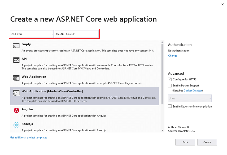 Dialogfeld „Neues Projekt“, .NET Core im linken Bereich, ASP.NET Core-Web-App