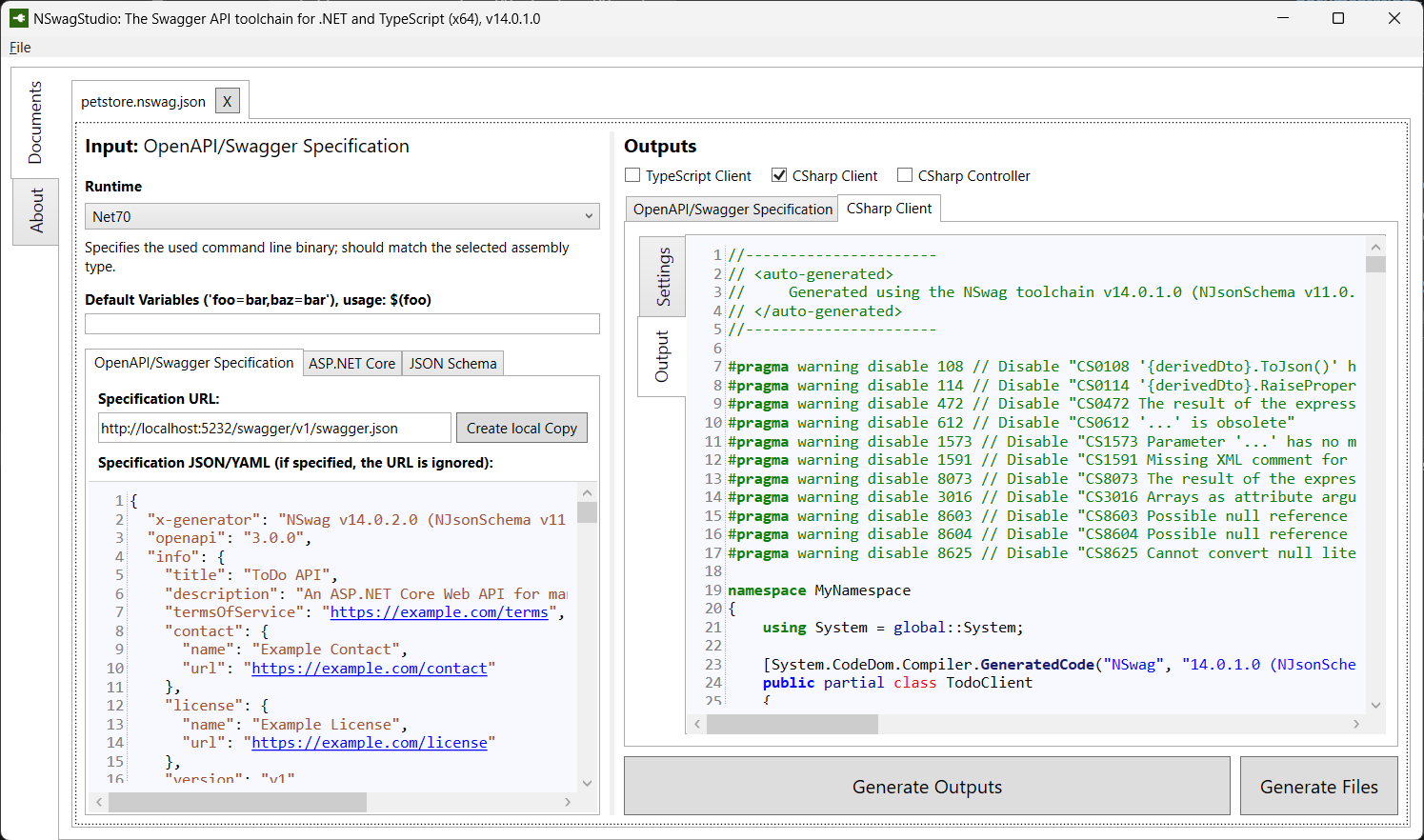 NSwag Studio importiert die Spezifikation und exportiert einen CSharp-Client.