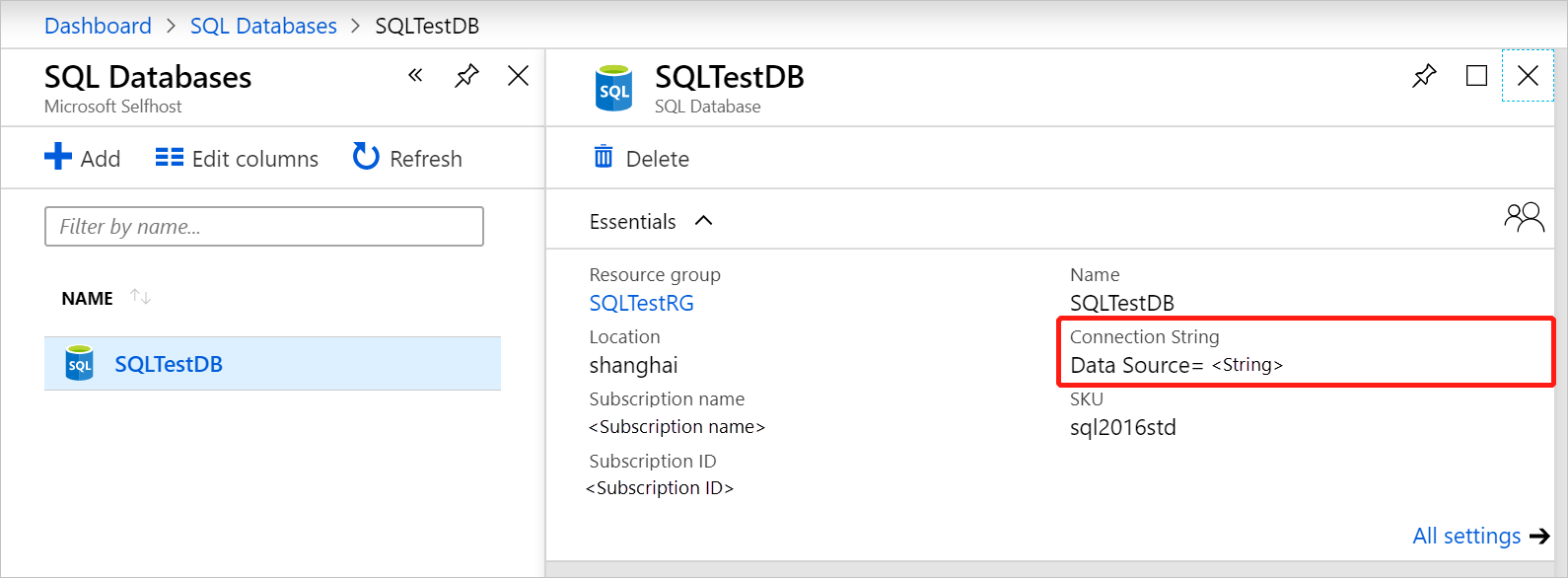 Abrufen der Verbindungszeichenfolge für die SQL Server-Datenbank