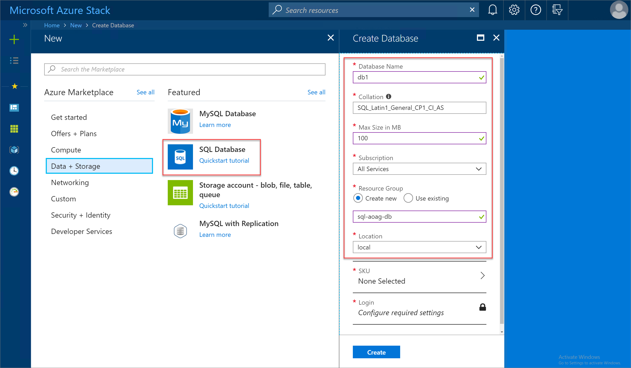 Erstellen einer SQL-Datenbank im Azure Stack Hub-Benutzerportal