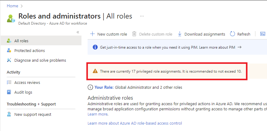 Screenshot: Microsoft Entra-Rollen und Administratorseite mit den Warnungen für privilegierte Rollenzuweisungen.