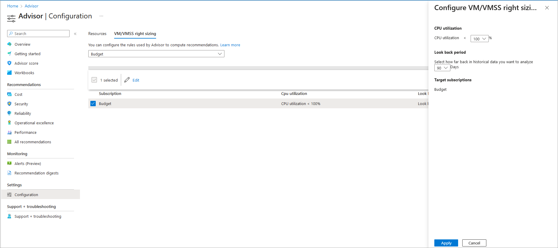 Screenshot einer Advisor-Konfigurationsoption für VM/VMSS-Größenanpassungsregeln.