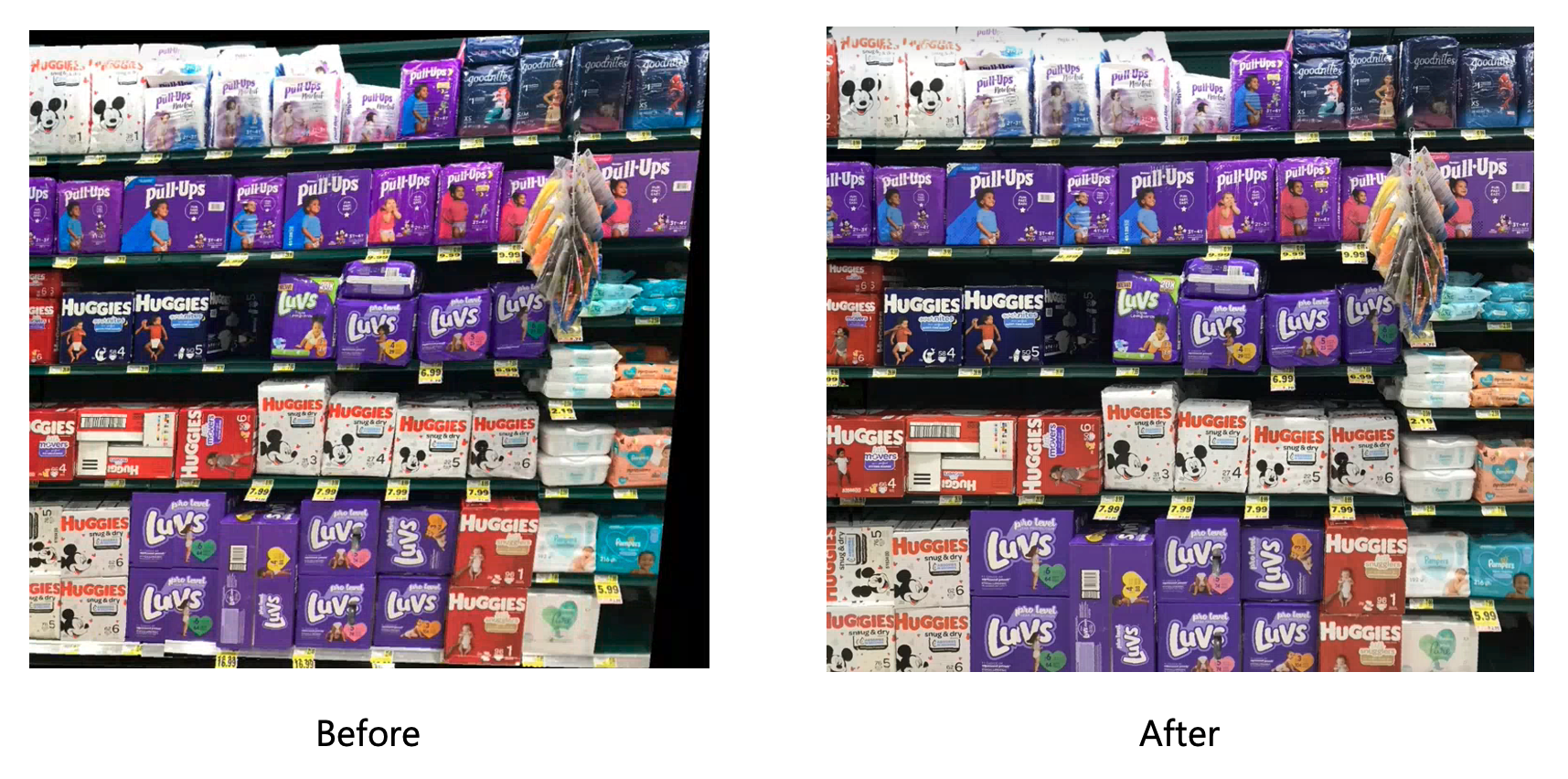 Fotos eines Verkaufsregals, vor und nach dem Korrekturvorgang.