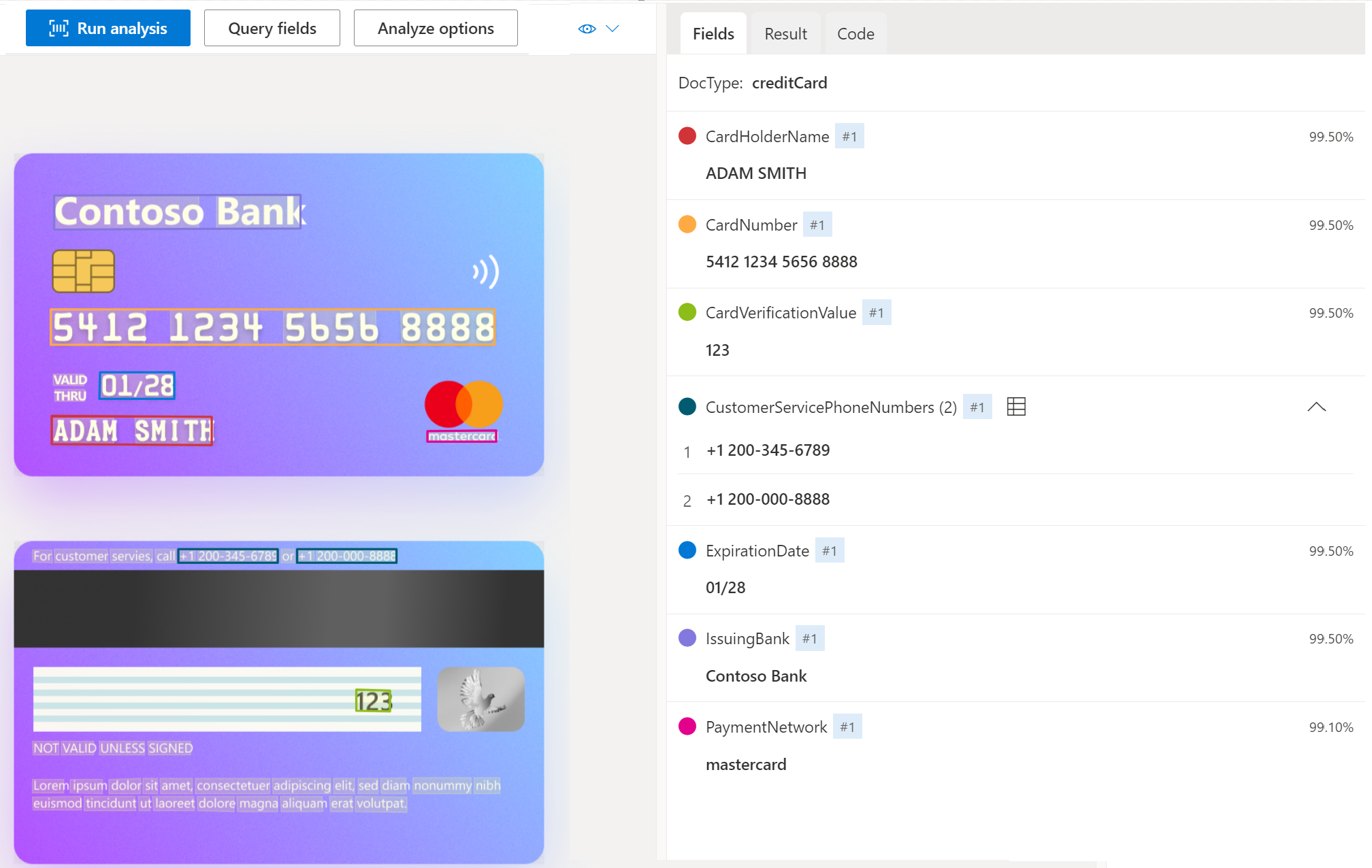 Screenshot der Kreditkartenbildmodellanalyse mit Document Intelligence Studio.