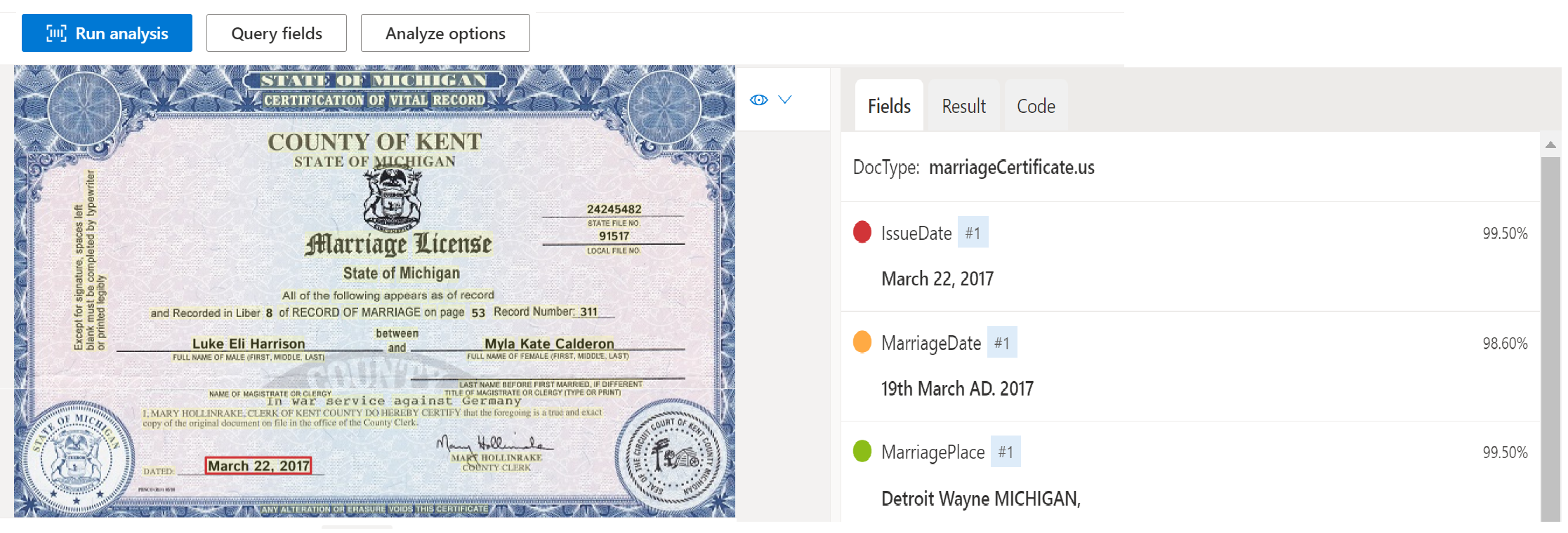 Screenshot der Dokumentmodellanalyse für Heiratsurkunden mit Document Intelligence Studio.