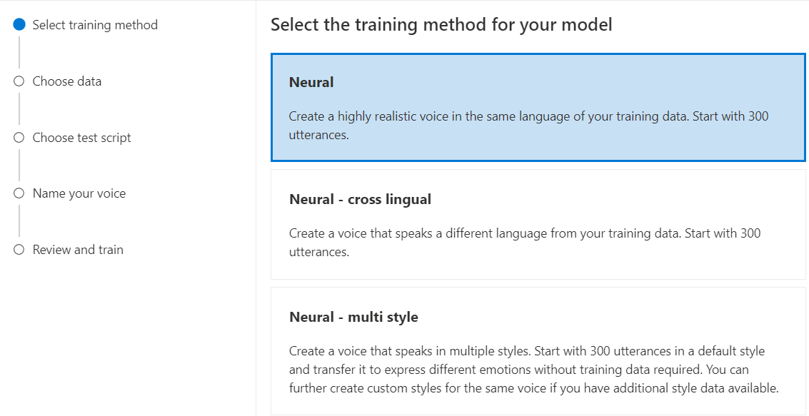 Screenshot zur Auswahl der neuronalen Trainingsmethode.