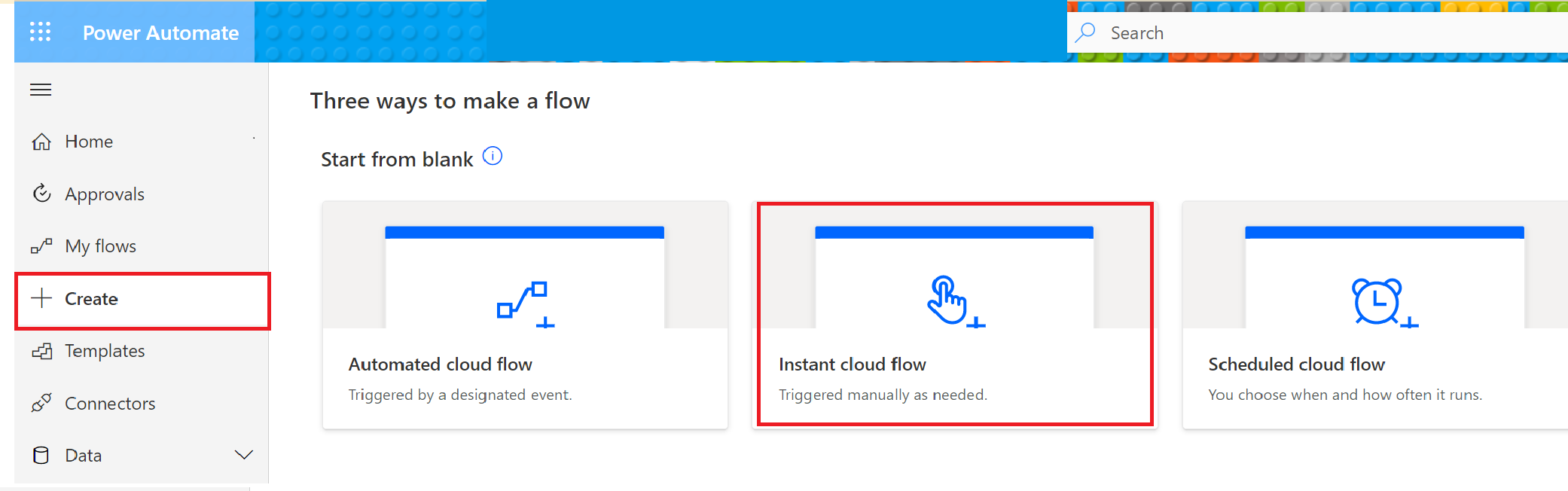 Screenshot zur Erstellung eines sofortiger Cloudflows.
