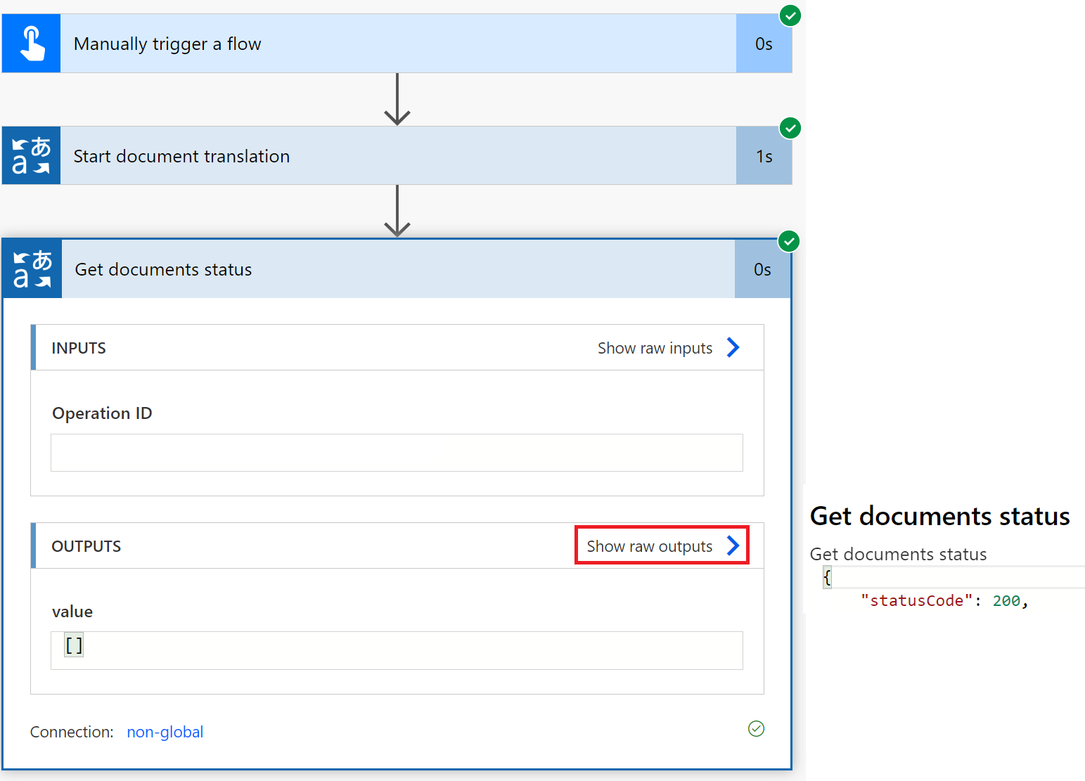 Screenshot des der JSON-Antwort von „Dokumentstatus abrufen“.