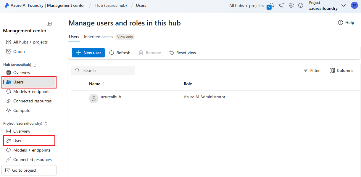 Screenshot des Benutzerbereichs im Verwaltungscenter eines Hubs