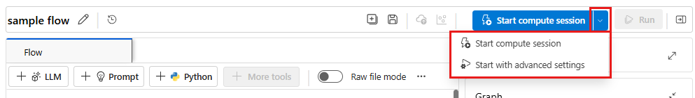 Screenshot: Promptflow mit Standardeinstellungen zum Starten einer Computesitzung auf einer Flowseite