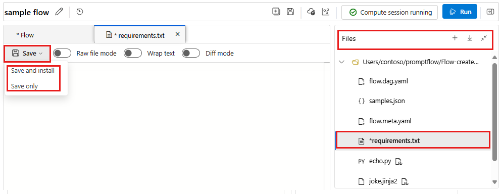 Screenshot: Option zum Speichern und Installieren von Paketen für eine Computesitzung auf einer Flowseite