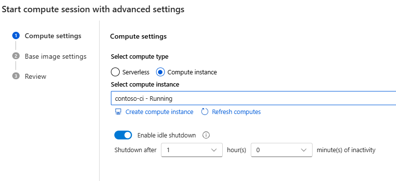 Screenshot: Promptflow mit erweiterten Einstellungen unter Verwendung einer Compute-Instanz zum Starten einer Computesitzung auf einer Flowseite