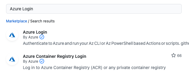 Suchergebnisse mit zwei Zeilen: erste Aktion: „Azure Login“ (Azure-Anmeldung), zweite Aktion: „Azure Container Registry Login“ (Azure Container Registry-Anmeldung)