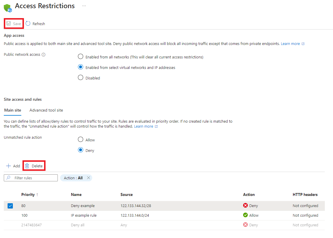 Screenshot der Seite „Zugriffseinschränkungen“ mit Auslassungszeichen und Option „Entfernen“ für die zu löschende Zugriffseinschränkungsregel.