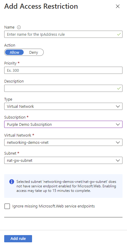 Screenshot des Bereichs „Einschränkung hinzufügen“ mit ausgewähltem Typ „Virtuelles Netzwerk“.