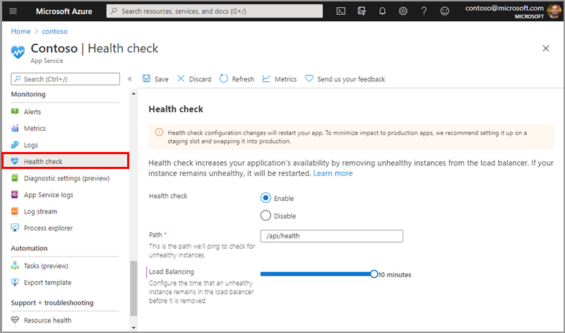 Navigation der Integritätsprüfung im Azure-Portal