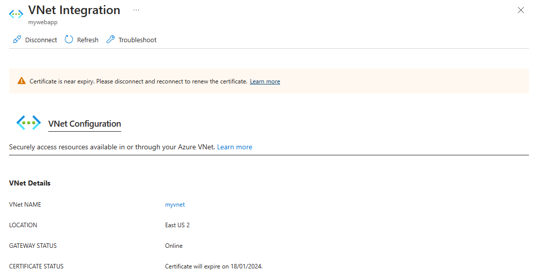 Screenshot that shows a near expiry gateway-required virtual network integration certificate.