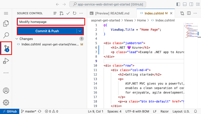 Screenshot von Visual Studio Code im Browser, Panel „Quellcodeverwaltung“ mit der Commitnachricht „We love Azure“ und der hervorgehobenen Schaltfläche „Commit und Push“.