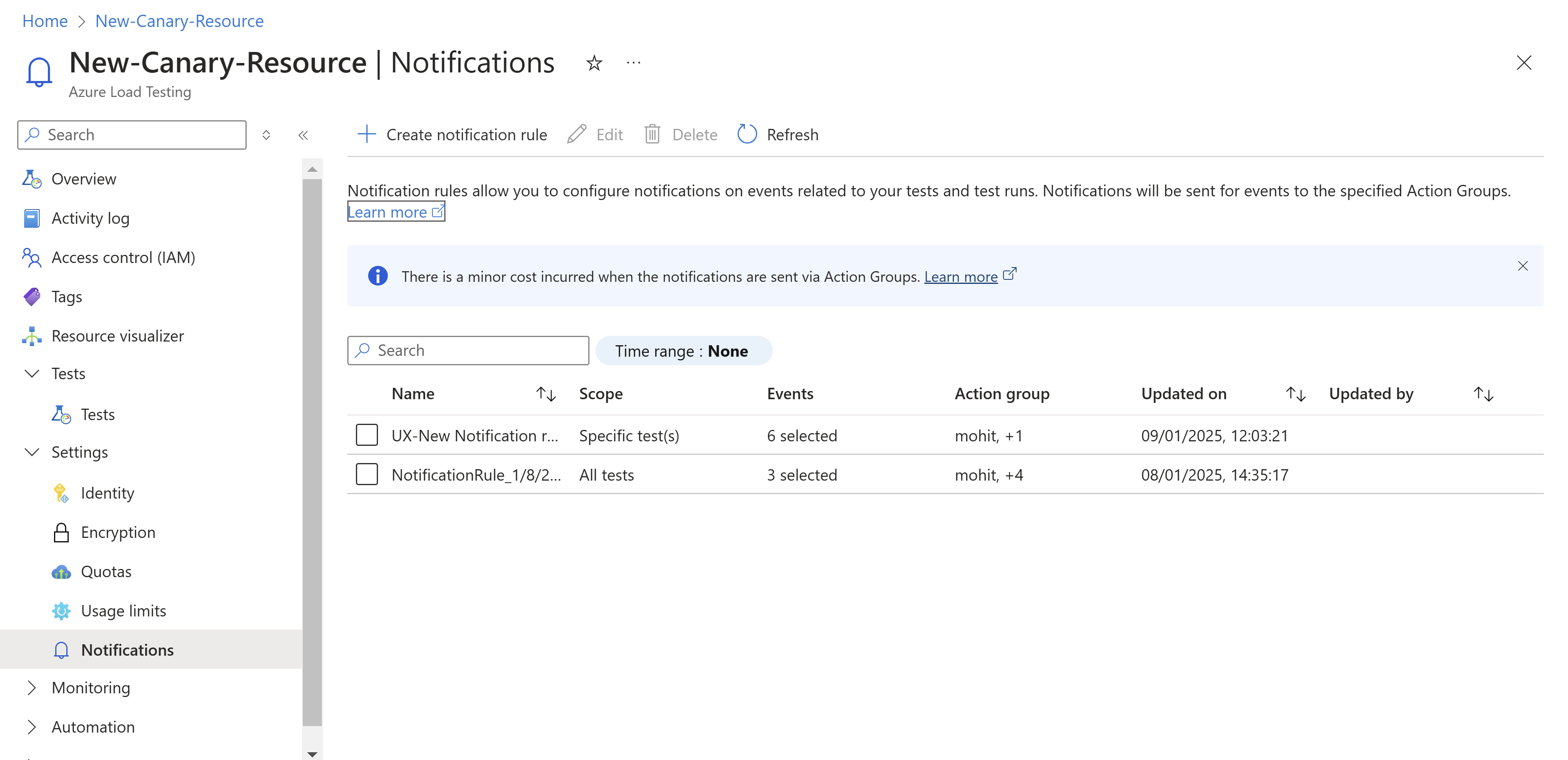 Screenshot that shows the Notification menu item in the resource overview page in the Azure portal.