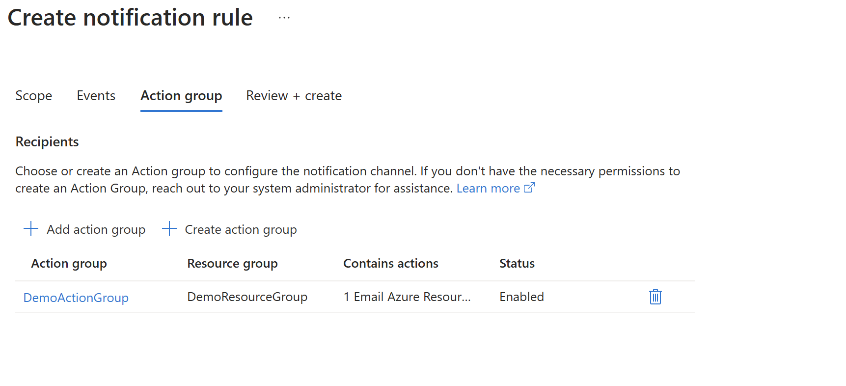 Screenshot that shows the added action groups in the notification rule.