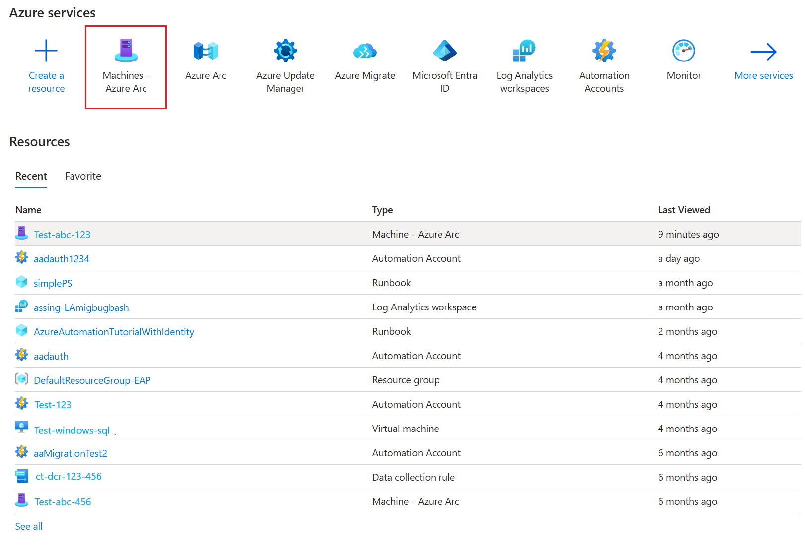 Screenshot, der zeigt, wie Sie Azure Arc-Computer aus dem Portal auswählen.