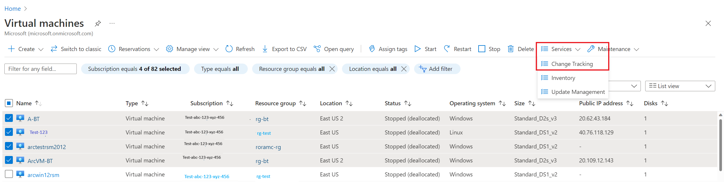 Screenshot: Auswählen mehrerer VMs im Portal