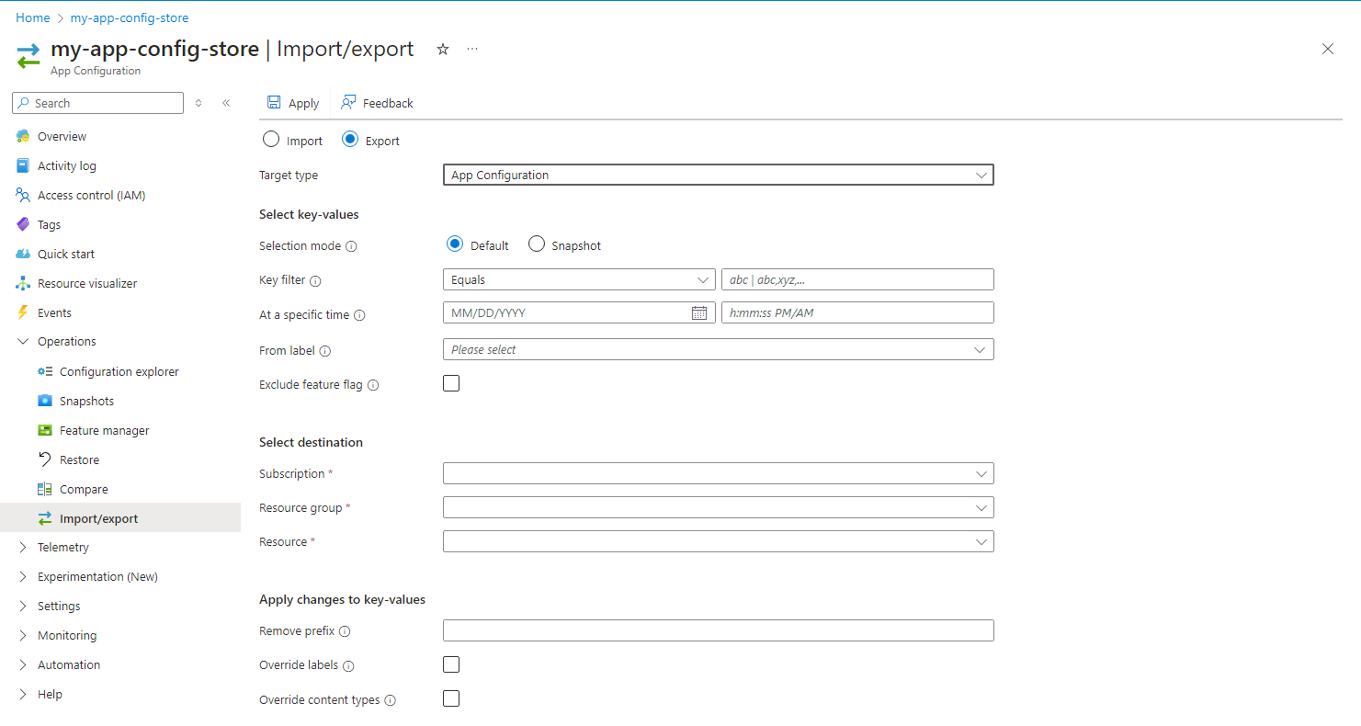 Screenshot des Azure-Portals. Exportieren aus einem App Configuration-Speicher.