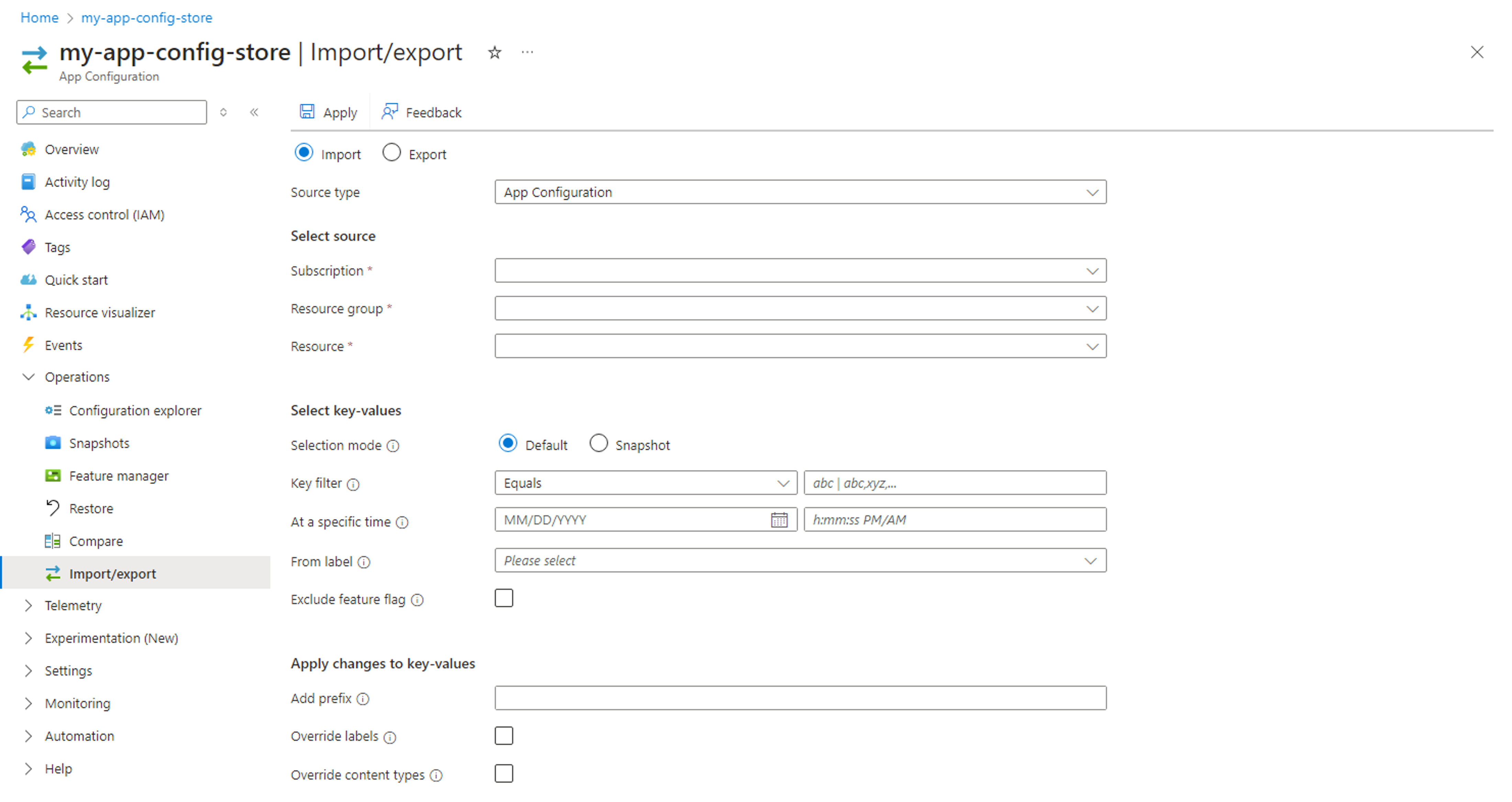 Screenshot des Azure-Portals. Importieren aus einem App Configuration-Speicher.