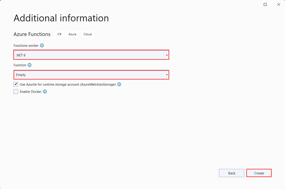 Screenshot: Dialogfeld „Neue Azure Functions-Anwendung erstellen“ in Visual Studio.