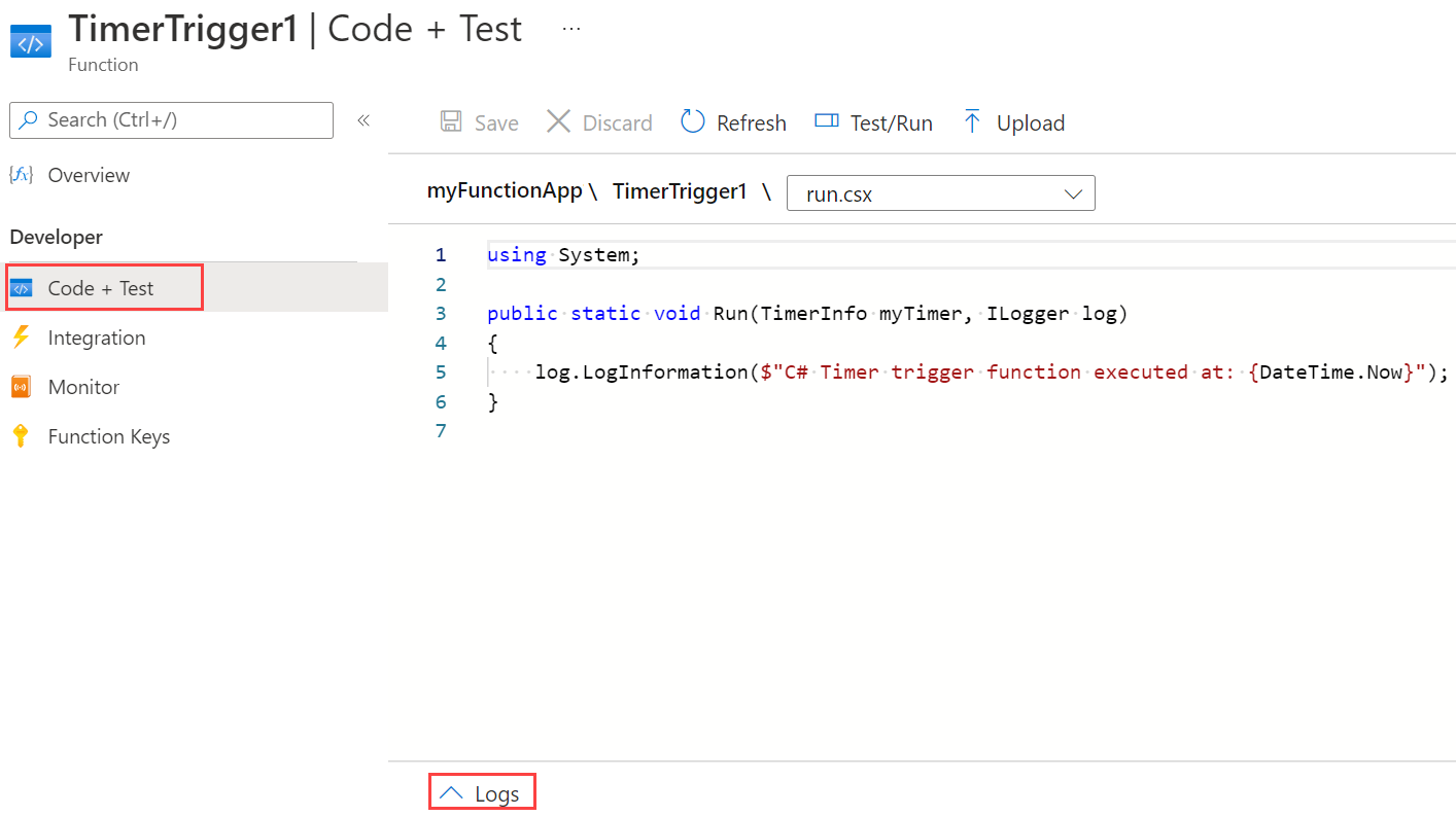 Screenshot: Seite „Timertrigger testen“ im Azure-Portal.