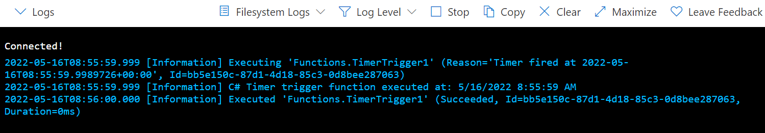 Screenshot: Seite „Timertrigger anzeigen“ im Azure-Portal.