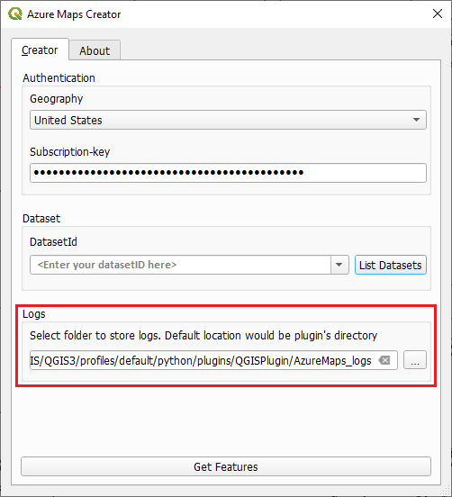 A screenshot of the Azure Maps QGIS plugin dialog box with the logs section highlighted.